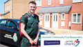 Volunteer Community First Responder standing in front of a roving car. Text reads Volunteer Community First Responders supported by East of England Ambulance Service Charity