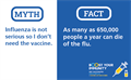 Myth - Influenza is not serious so I dont need a vaccine. Fact - As many as 650,000 people die from flu.