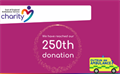 Pink background with a circle and text inside which reads 'We have reached our 250th donation'. A small Ambulance graphic with text which reads ‘Outrun an Ambulance’.