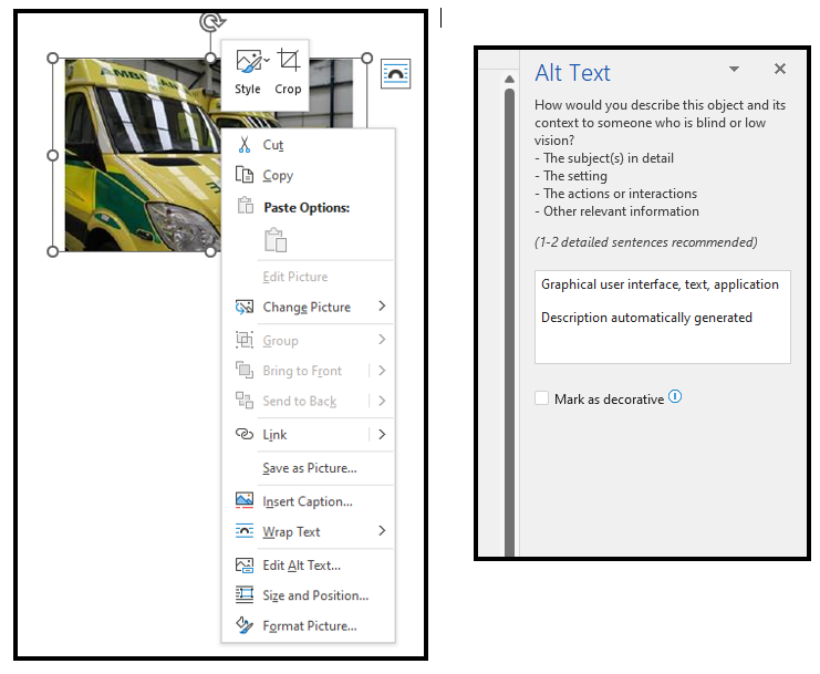 Image of the right-click drop down menu in Microsoft word and an image of the alt text sidebar