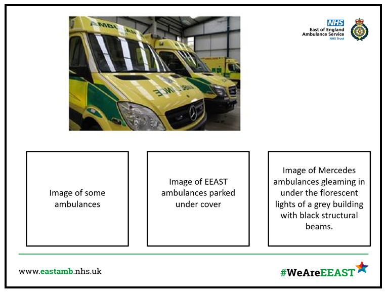 Image of an alt text test showing a picture of ambulances with three possible correct answers