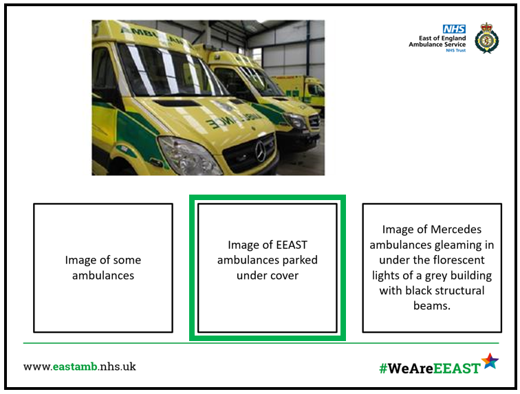 Image of an alt text test showing a picture of ambulances with three possible correct answers, with the correct answer highlighted