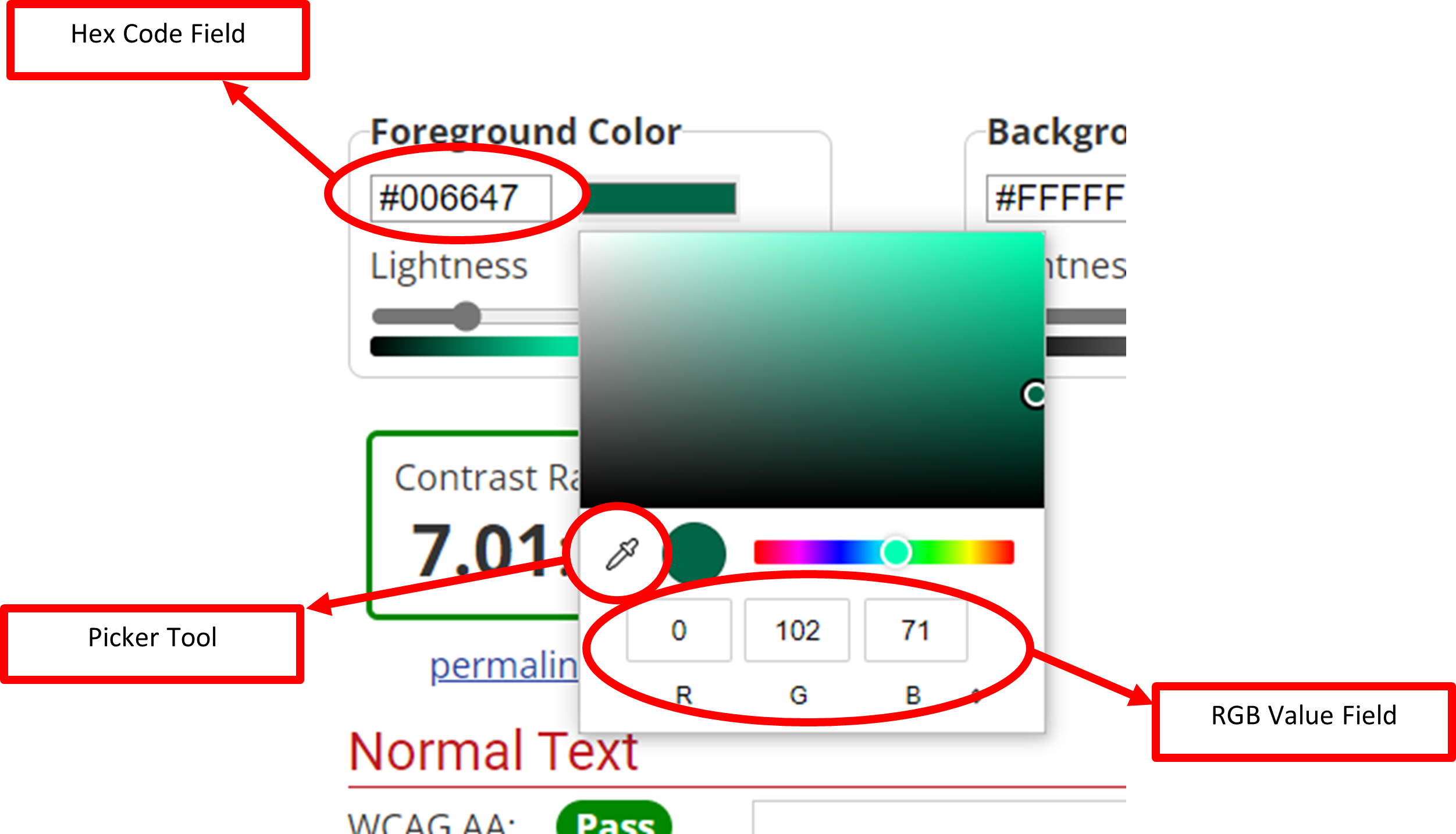 Screenshot showing the various ways in which colours can be inputted: RGB values, Hex codes, or a colour picker tool