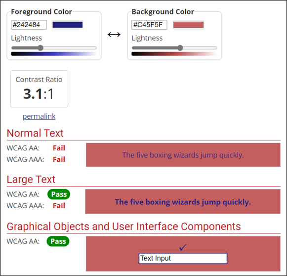 Colour pairing example that fails some tests whole passing others