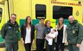 (left to right): Dan Saunders (Acting LOM), Helen Gazeley (mother), Simon Riches (father), Eloise Murphy (paramedic – holding baby Charlie), Jenny Burgin (NQP), Stephen Wootley (Technician)
